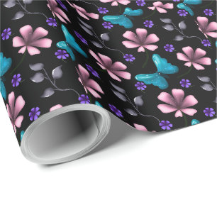 Whimsical Rosa Floral und Blau Schmetterling Nahtl Geschenkpapier