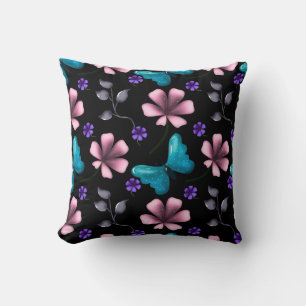 Whimsical Rosa Floral und Blau Schmetterling Nahtl Kissen