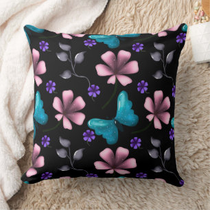 Whimsical Rosa Floral und Blau Schmetterling Nahtl Kissen
