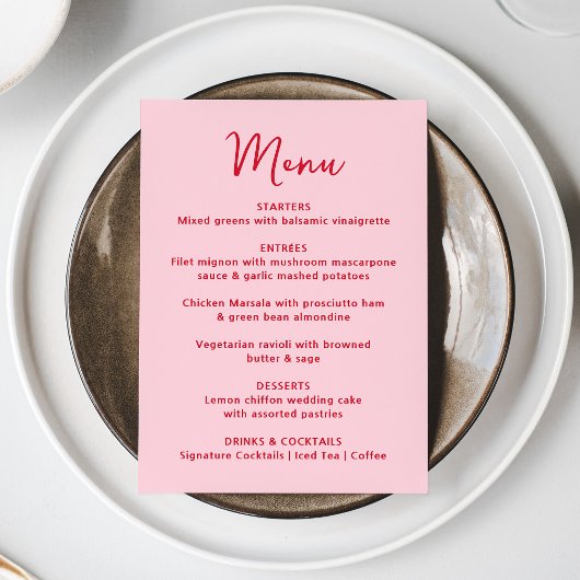 Whimsical Rosa und Rote Herz Hochzeit Menükarte