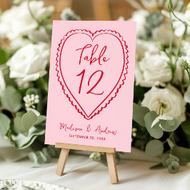 Whimsical Rosa und Rote Herz Hochzeit Tischnummer