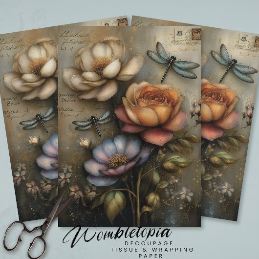 Whimsical Rose & Dragonfly Ephemera Decoupage  Seidenpapier