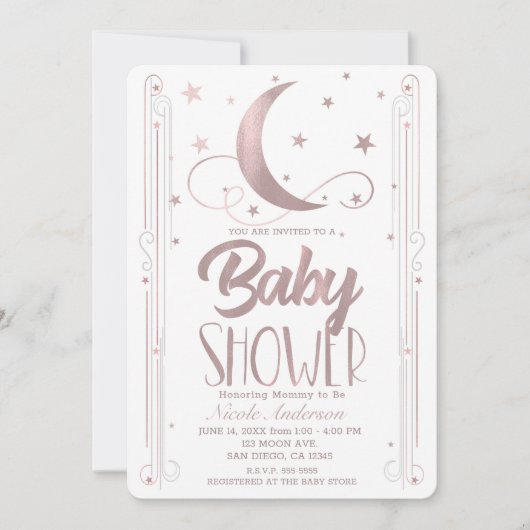 Whimsical Rose Gold Pink Moon Stars Kinderdusche Einladung (Vorderseite)
