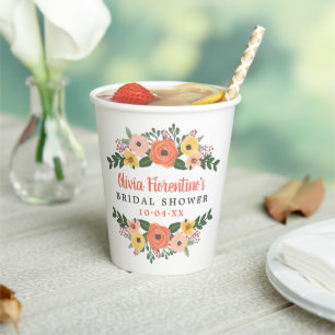 Whimsical Rosé und Korallen Blumen Hochzeitsdusche Pappbecher