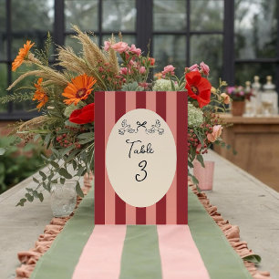 Whimsical rote rosa gestreifte Hochzeitstisch-Numm Tischnummer