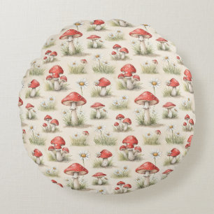 Whimsical Roter Pilz & Gras Wasserfarbenmuster Rundes Kissen