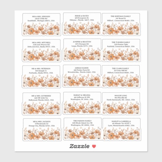 Whimsical Rustic Boho Floral Wedding Address Aufkleber (Blatt)