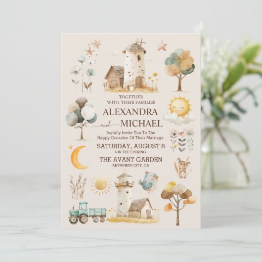 Whimsical Rustic Farm Wedding Einladung (Stehend Vorderseite)