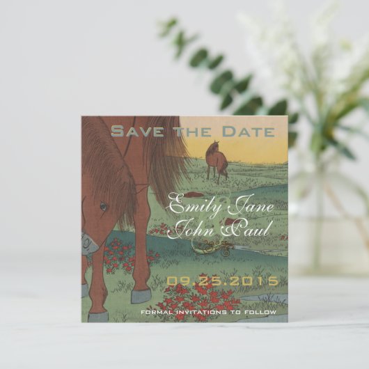 Whimsical Rustic Horse Save the Date (Stehend Vorderseite)