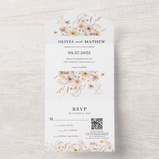 Whimsical Rustic Meadow Wildblume QR Code Hochzeit All In One Einladung (Innen Boden)