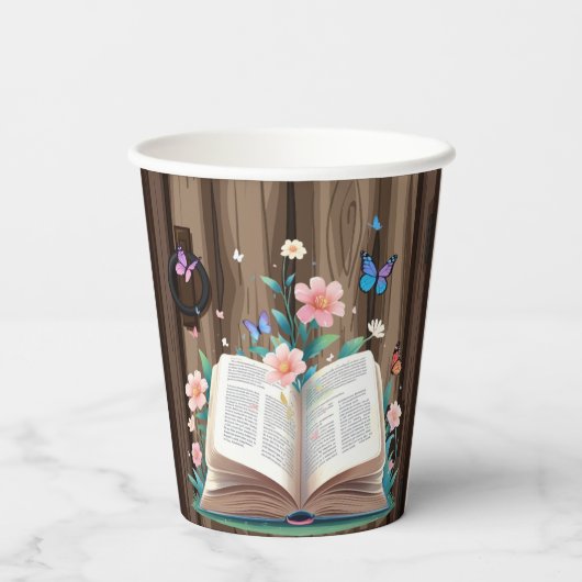 Whimsical Rustic Storybook Baby Dusche Pappbecher (Rückseite)