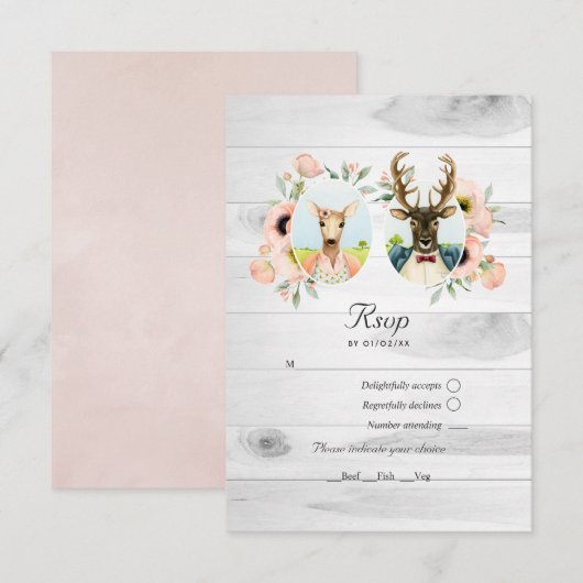 Whimsical Rustic Woodland Forest Deer Wedding RSVP Karte (Vorne/Hinten)