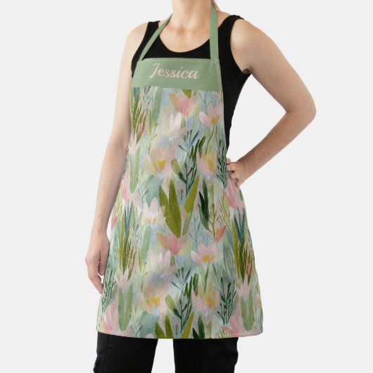Whimsical Sage Green Floral Personalized Apron Schürze (InSitu)