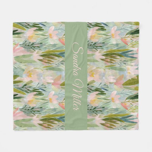 Whimsical Sage Green Floral Personalized Fleecedecke (Vorderseite (Horizontal))