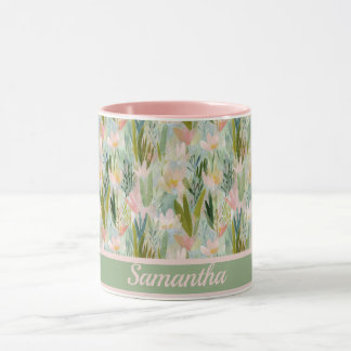 Whimsical Sage Green Floral Personalized  Tasse