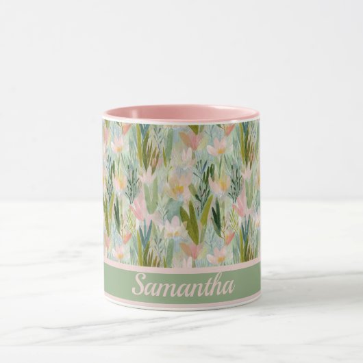 Whimsical Sage Green Floral Personalized Tasse (Zentrum)
