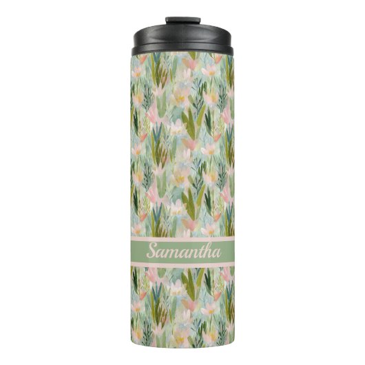 Whimsical Sage Green Floral Personalized  Thermosbecher (Vorderseite)