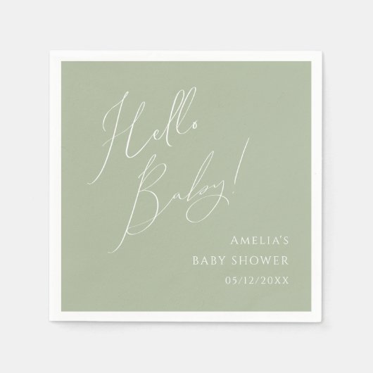 Whimsical Sage Green Hello Baby Dusche Napkins Serviette (Vorderseite)