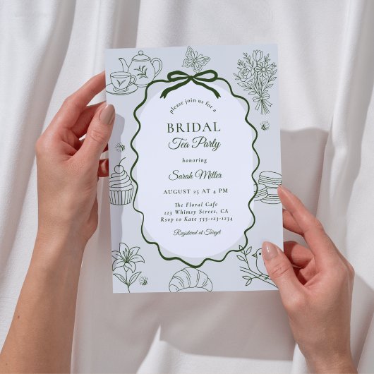 Whimsical Sage Hand Drawn Tea Party Bridal Shower Einladung