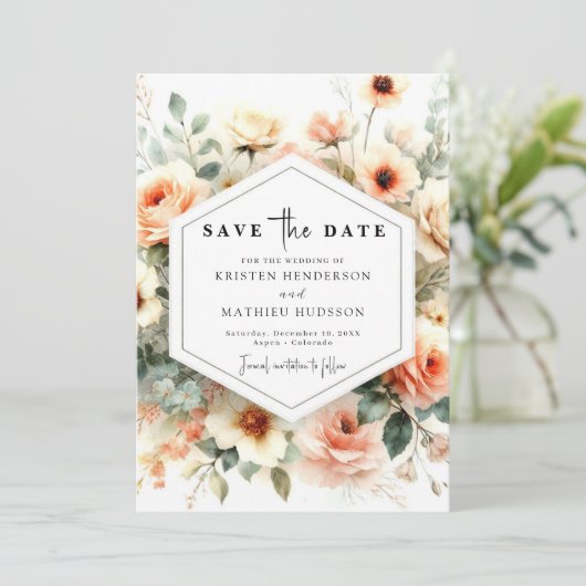 Whimsical Sage Peach Wedding Save The Date (Stehend Vorderseite)