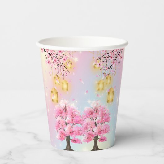 Whimsical Sakura Cherry Blossom Tree Baby Dusche Pappbecher (Rückseite)