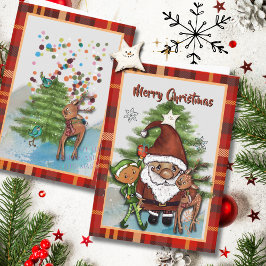 Whimsical Santa, Deer & Elf Boy Plaid Christmas Feiertagskarte