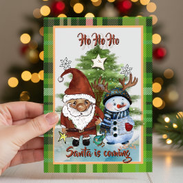 Whimsical Santa, Deer & Elf Plaid Christmas Card Feiertagskarte