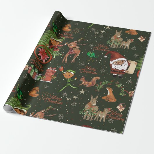 Whimsical Santa Elf & Friends Christmas Green Geschenkpapier (Ungerollt)