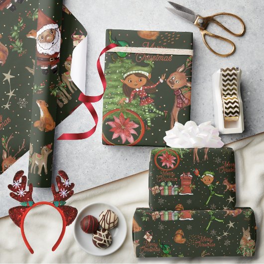 Whimsical Santa Elf & Friends Christmas Green Geschenkpapier