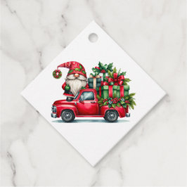 Whimsical Santa Gnome in rotem LKW mit Geschenken Geschenkanhänger