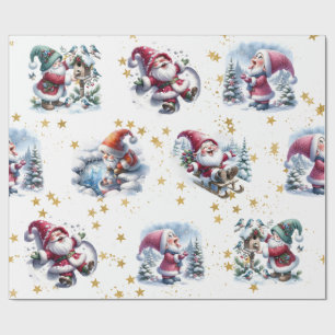 Whimsical Santa Gnomes & Gold Stars Geschenkpapier