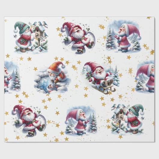 Whimsical Santa Gnomes & Gold Stars Geschenkpapier (Flach)