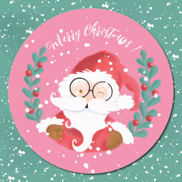 Whimsical Santa Merry Weihnachten Pink Stickers