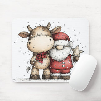 Whimsical Santa & Moo-Moo Holiday Christmas Cheer Mousepad