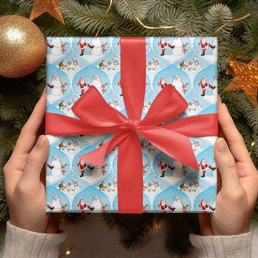 Whimsical Santa Playing Golf, Snowman und Rentier Geschenkpapier