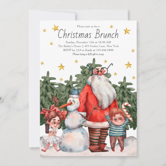 Whimsical Santa Snowman Kinder Weihnachtsbrunch Einladung (Vorderseite)