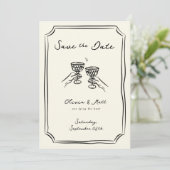 Whimsical Save the Date Champagne Cheers Einladung (Stehend Vorderseite)
