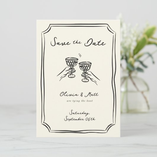 Whimsical Save the Date Champagne Cheers Einladung (Stehend Vorderseite)