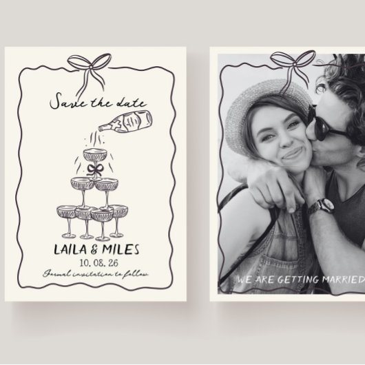 Whimsical Save the date champagne tower wedding