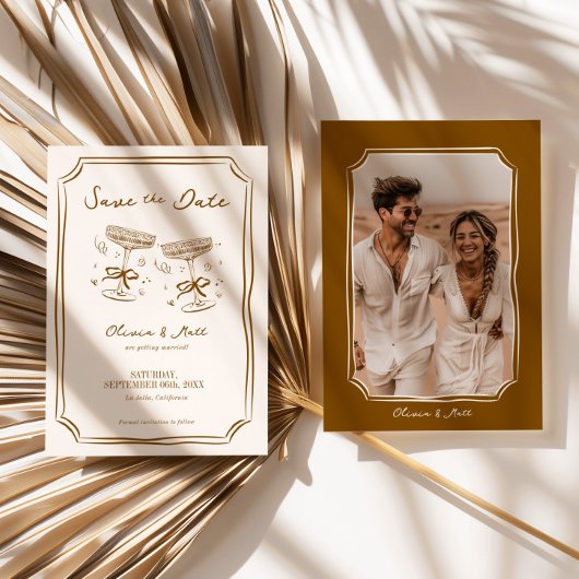 Whimsical Save The Date Champagne with Photo Brown Einladung