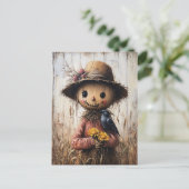 Whimsical Scarecrow Holding Sonnenblumen Postkarte (Stehend Vorderseite)