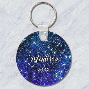 Whimsical schillernde blaue Glitter-Monogramm Schlüsselanhänger
