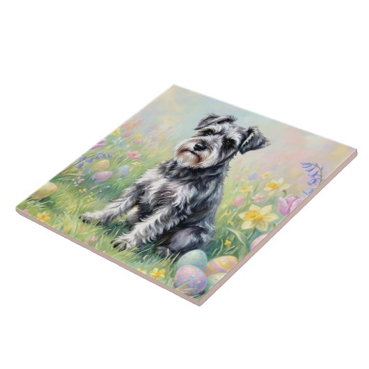 Whimsical Schnauzer with Easter Eggs Fliese (Seite)