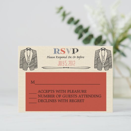 Whimsical Schriftart Gay Wedding RSVP (Stehend Vorderseite)