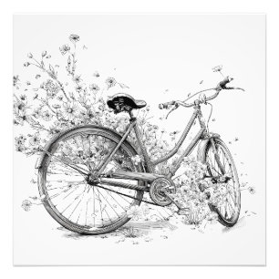 Whimsical Schwarz-weiß Bicycle Blume Zeichnend Fotodruck