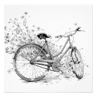 Whimsical Schwarz-weiß Bicycle Blume Zeichnend Fotodruck
