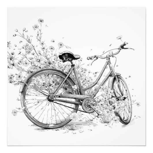 Whimsical Schwarz-weiß Bicycle Blume Zeichnend Fotodruck (Vorne)