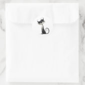 Whimsical Schwarz-weiß Mischous Cat Illustration Runder Aufkleber (Tasche)