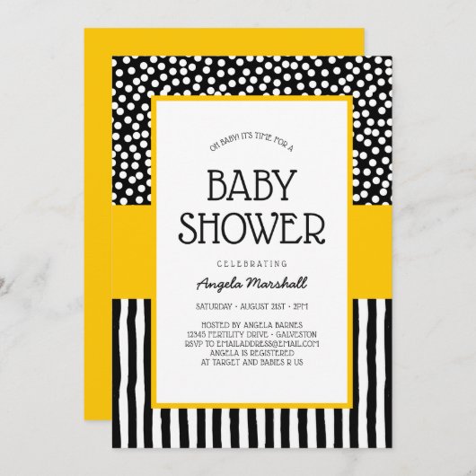 Whimsical Schwarz-weiß und Gelb Baby Dusche Einladung (Vorne/Hinten)