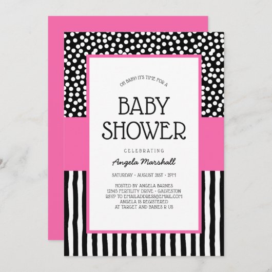 Whimsical Schwarz-weiß und Pink Baby Dusche Einladung (Vorne/Hinten)